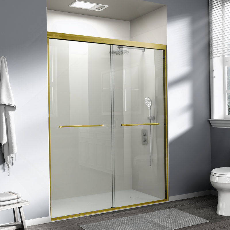 Double porte de douche coulissante, porte de salle de bain semi-sans cadre pour douche à l'italienne, Or brossé