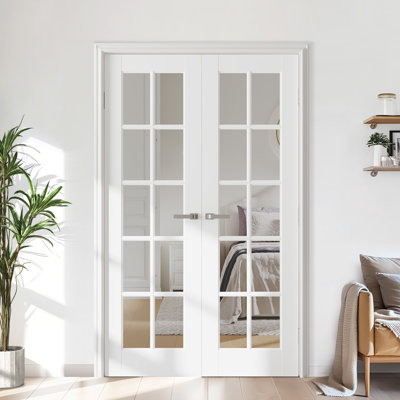 10-Lite Clear Glass Primed Interior Slab Doors with Solid Wood Core and French Double Doors Style, No Hardware Included (Pack of Two)