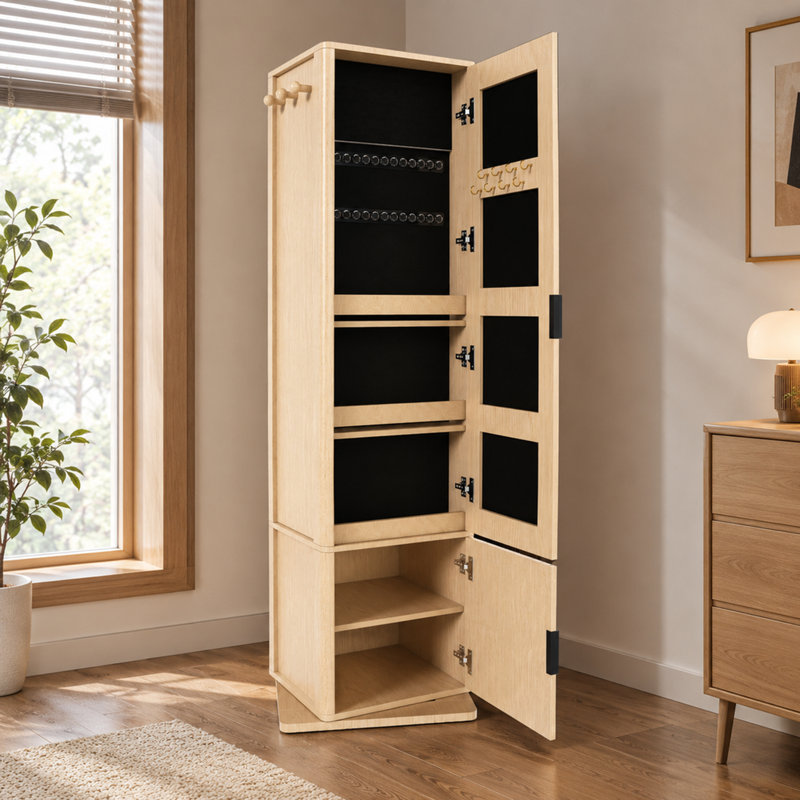 Armoire à bijoux pivotante à 360° avec miroir pleine longueur, porte-manteau et étagères