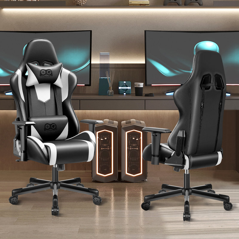 White and Black PU Leather Ergonomic Gaming Chair with Lumbar Support