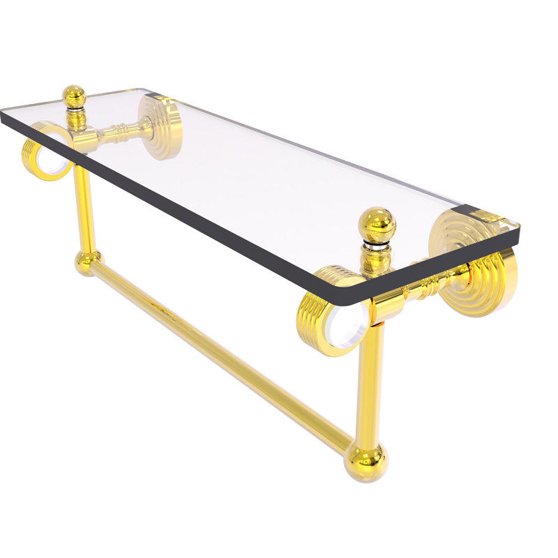 Jarrell Glass Bracket Shelf with Towel Bar, 5.12" H x 16" W x 6.4" D, Polished Brass