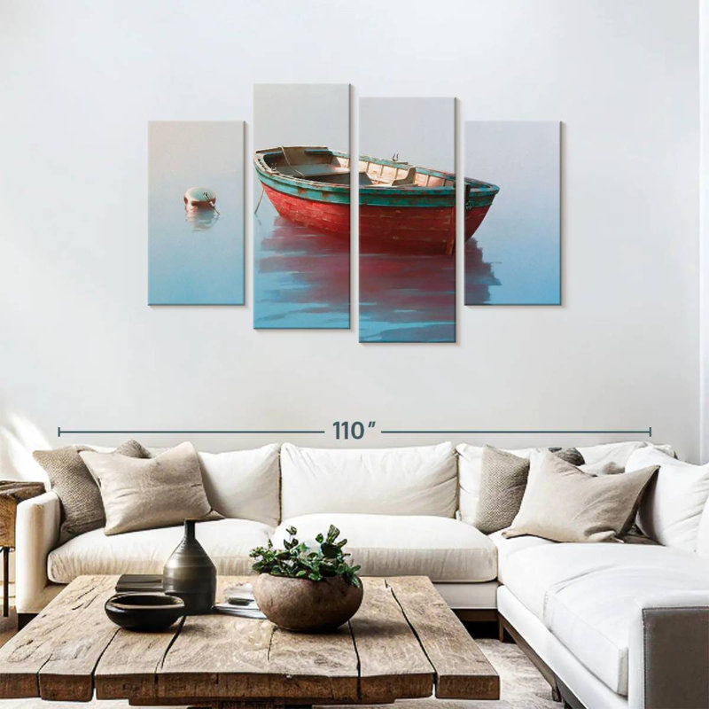 Mehar Red Rowboat On Calm Waters, 48" H x 75" W