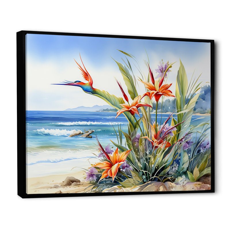 Oiseaux de paradis sur la plage - Oiseaux de paradis, art mural encadré, H 34 po x l 44 po x P 1,5 po, Cadre flottant noir