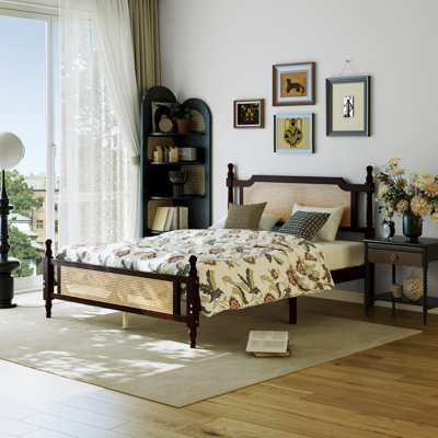 Pine Wooden Platform Bed With Rattan Headboard & Footboard