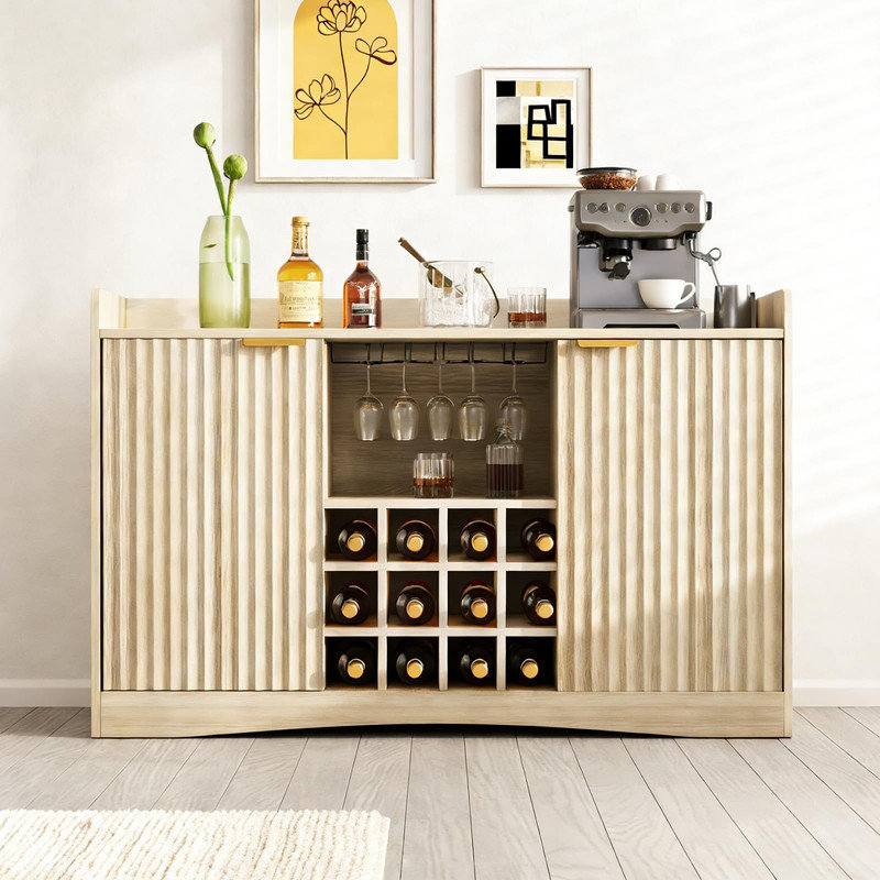 47” Fluted Wine & Coffee Bar Cabinet – 9 Glass Holders, 12 Wine Racks, Storage Sideboard for Living Room, Dining Room
