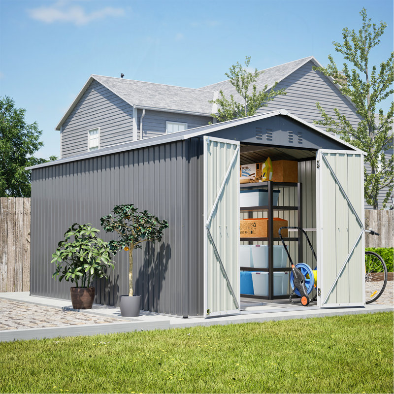 Remise de rangement extérieure en métal de 8 pi x 12 pi avec porte latérale supplémentaire, grande remise à outils avec 2 portes verrouillables pour un accès facile, structure en aluminium, rangement de patio de jardin gris