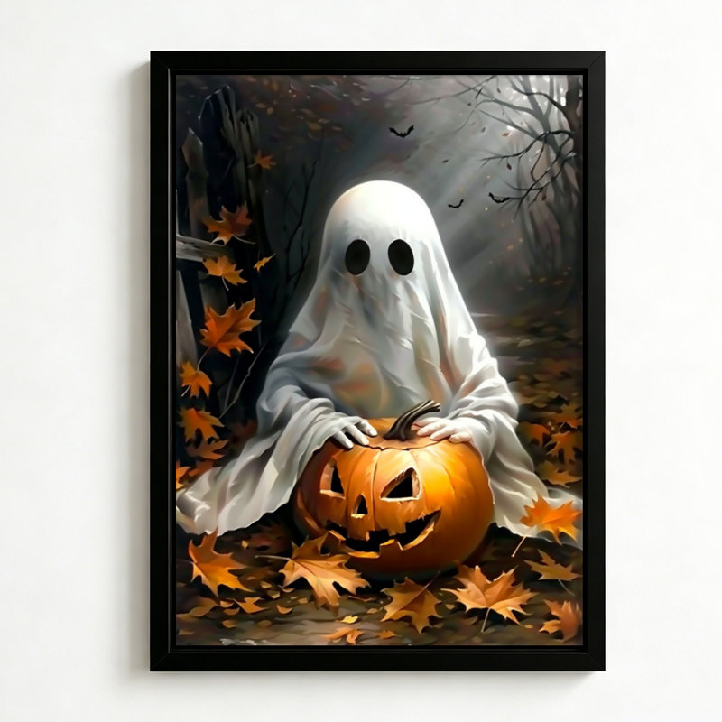 Personnage fantôme d'Halloween berçant une citrouille sculptée, tableau sur toile encadré, cadre noir, 40 x 60 cm, 16x24