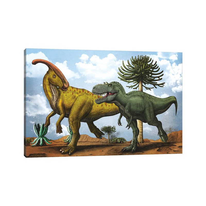 Gorgosaurus Dinosaur Chasing After A Parasaurolophus by Aram Papazyan - Wrapped Canvas Print, 66.04 cm H x 45.72 cm W