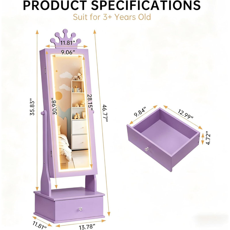 Jewelry Armoire with Mirror, LED Light, 3 Drawers, Freestanding Tilt Organizer for Bedroom, Purple, Purple