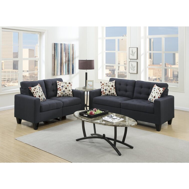 2 Piece Modern Sofa Loveseat Set, 4 Throw Pillows Wade Logan Fabric: Black Polyester Blend