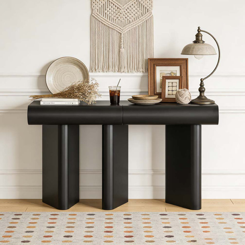 47.6" Modern Painted Entryway Table with 2 Curved Drawers, Black
