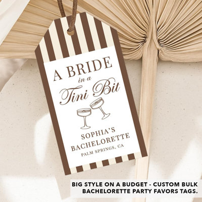 Custom A Bride In A Tini Bit Favor Tags, Striped Brown Espresso Martini Bachelorette Tags, 20 Pack
