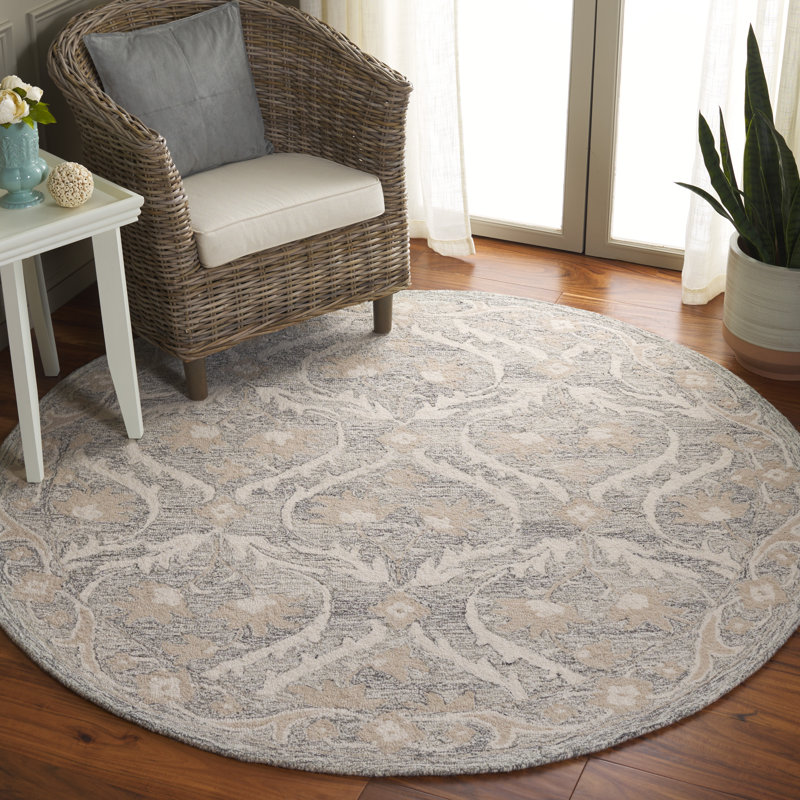Tyrona Tufted Wool/Cotton Damask Rug in Gray/Ivory, Round 6'