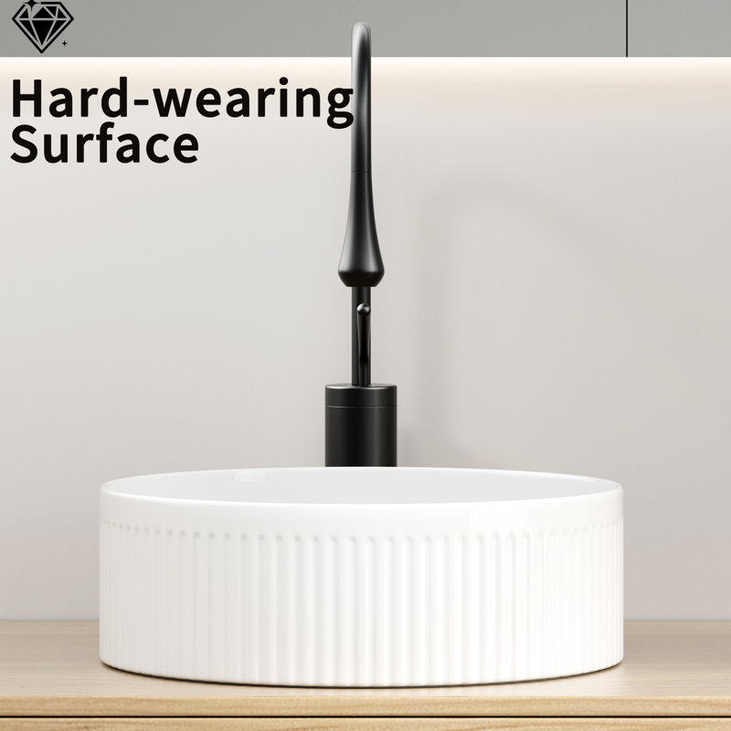 Petit lavabo de salle de bain, vasque en céramique ronde de 14 pouces à rayures verticales, teinture - et durable pour les motifs à rayures blanches, meuble-lavabo