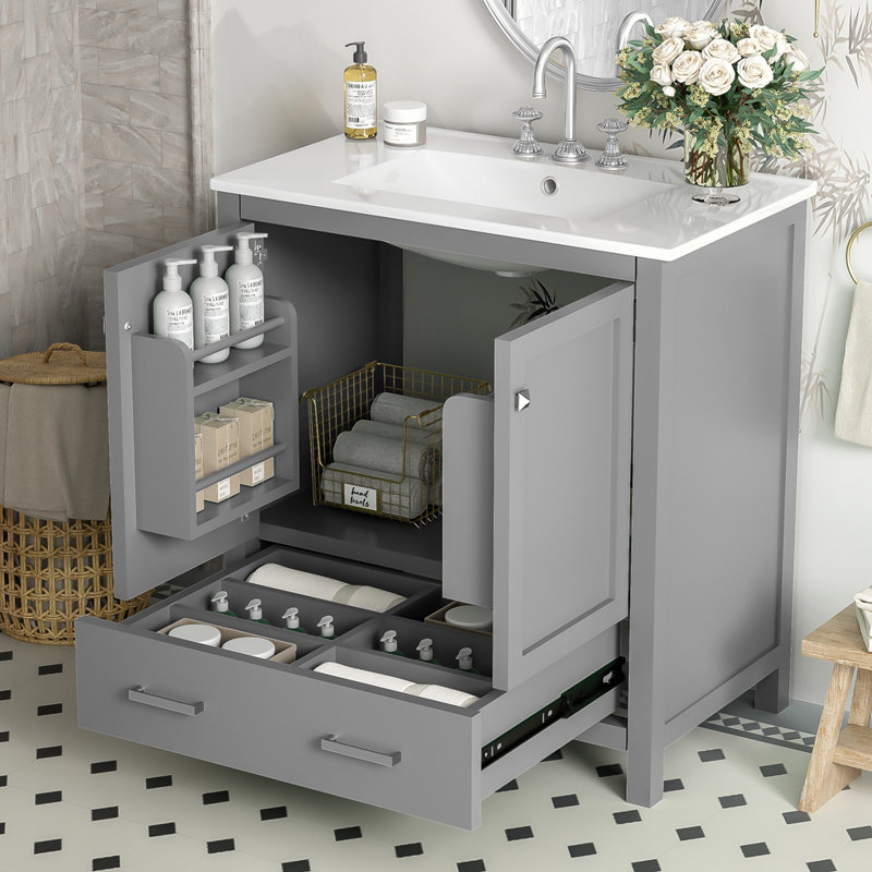 Meuble-lavabo avec lavabo simple, 2 portes et un tiroir, Grey
