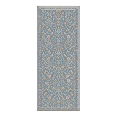 Machine Washable Floral Blue / Beige Hallway Runner With Non-Slip Backing