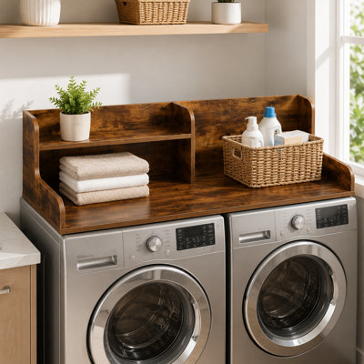 Washer Dryer Wood Countertop with Shelf, Laundry Topper with Non-Slip Mat,27.56" Depth x 53.94" Width Dryer Covers for The Top with Edge Rails