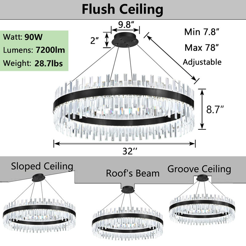 Glam Dimmable Led Crystal Chandelier, Matte Black