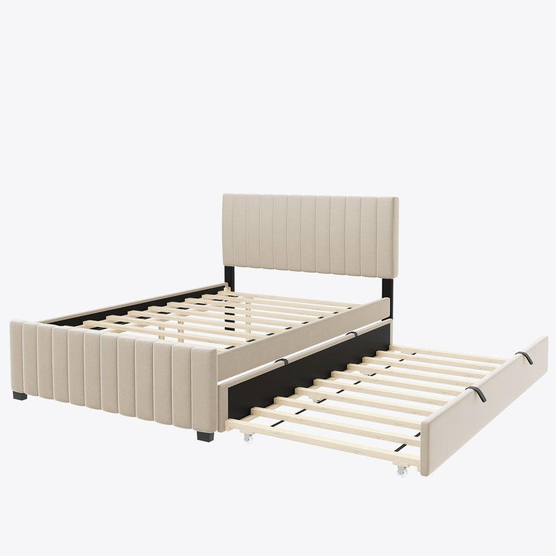 Lit plateforme double en velours avec lit gigogne simple, beige, Beige