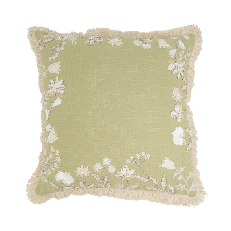 Graceful Embroidered Floral Pillow, Green, Polyester