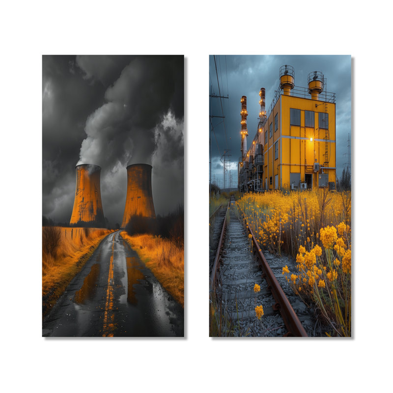 Ensemble de 2 impressions murales grises et jaunes sur une centrale électrique monochrome en métal industriel, 40" H x 40" W