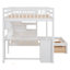 Lit superposé double au-dessus de simple avec bureau, tiroirs et tablettes pour un espace de vie compact et organisé, blanc