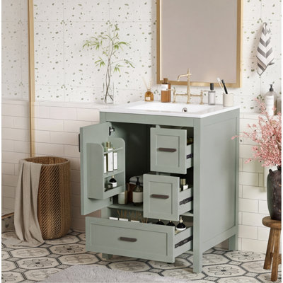 Meuble-lavabo moderne de 61 cm (24 pouces) avec lavabo en céramique, porte à fermeture douce, tablette à double niveau et 3 tiroirs.