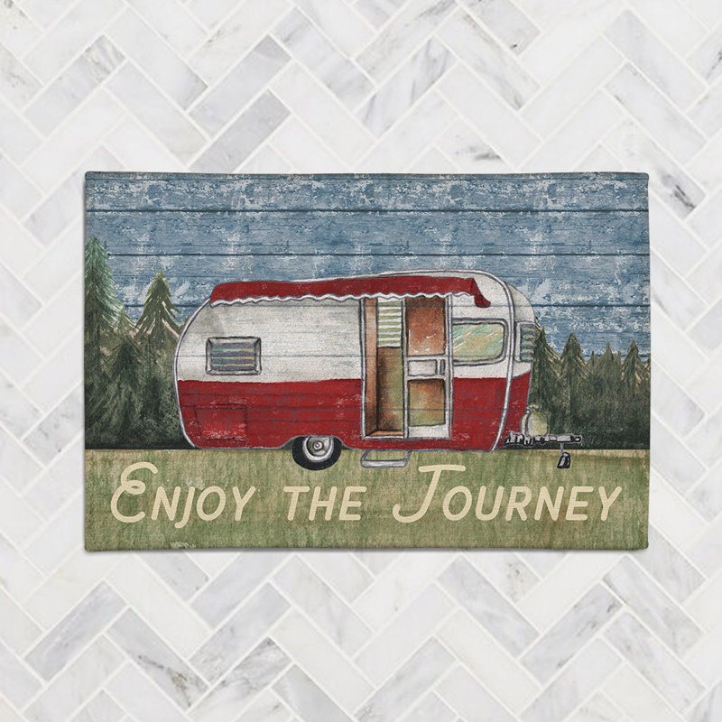Tapis bleu / rouge / vert en chenille tissé à la machine Enjoy Camping, Rectangle 4 pi x 6 pi