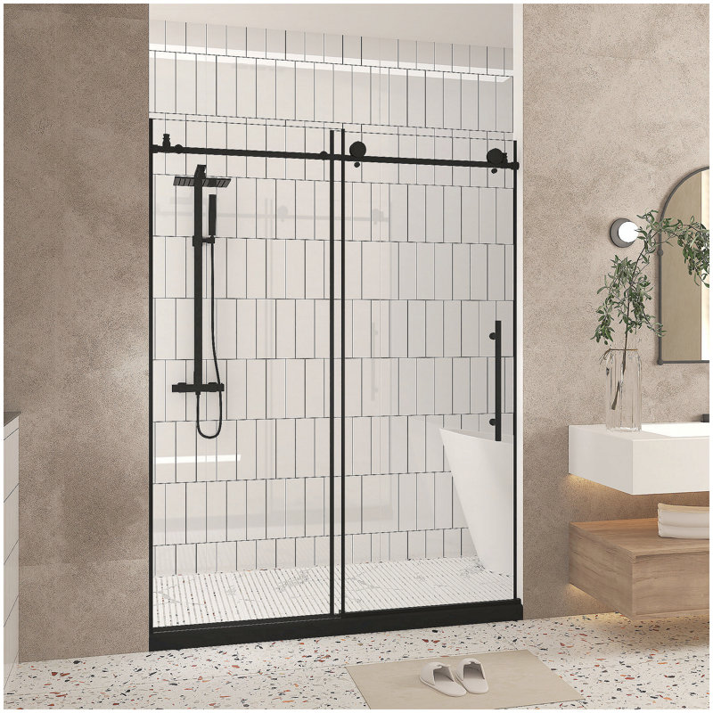Frameless shower door 56-60 "W x 76" H, 1/4 "(6 mm) Clear Tempered Glass, Explosion Proof Film, Stainless Steel Handle, Matte Black
