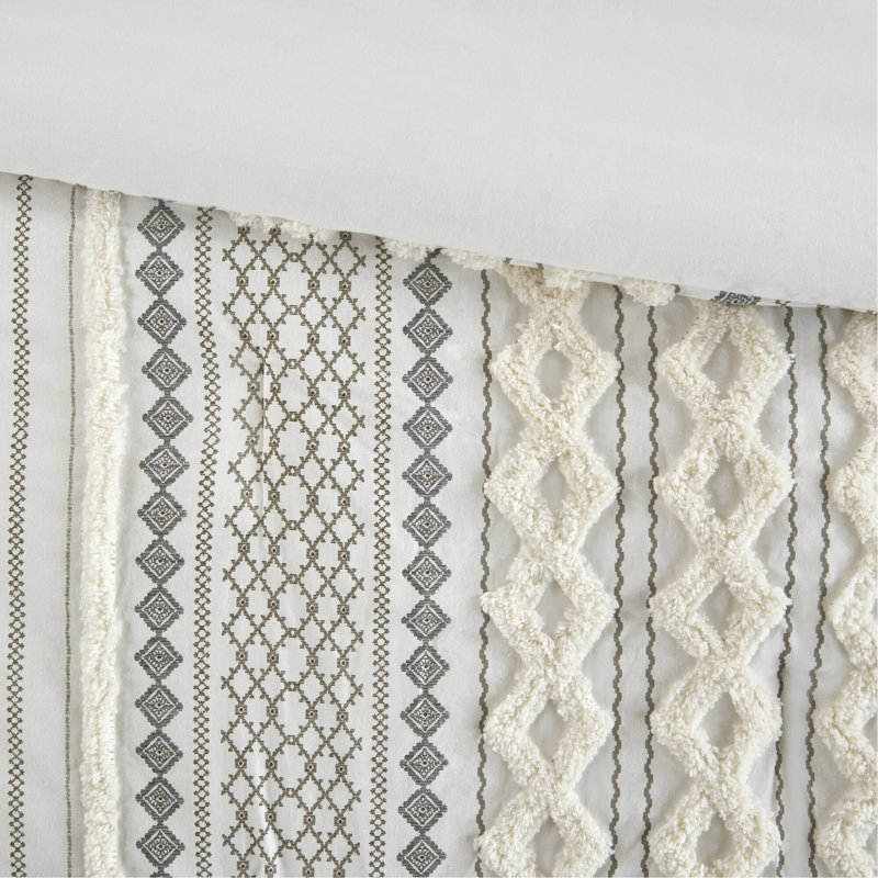 Cotton Printed Comforter Set With Chenille Ivory Queen, Queen Comforter + 2 Shams, Ivory