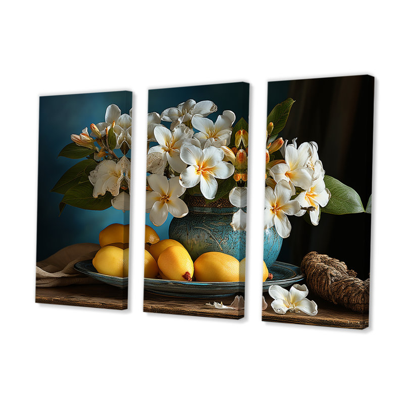Plumeria Vase Bouquet Still Life - Plumeria, ensemble d'art sur toile, H 32 po x l 48 po x P 1 po