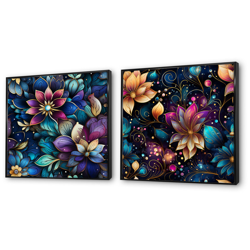 Motif bohème marocain - ensemble de 2 reproductions d'art botaniques abstraites, H 30 po x l 61 po x P 1 po, Cadre noir