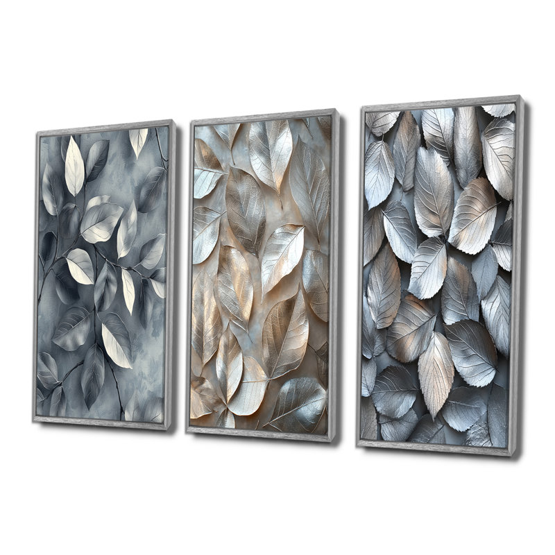 Copper Silver Pewter Leaves I - Leaves Wall Decor Collection, 40" H x 60" W, Floater Framed Print without Mat, Silver