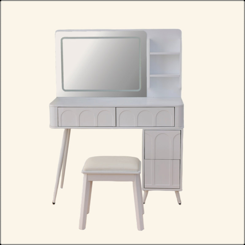 Modern Makeup Vanity Desk With LED Lights & Mirror, 4 Drawer Dressing Table Set With Stool, 3 Colors Dimmable Brightness, Space-Saving For Bedroom