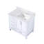 36 po Large meuble-lavabo blanc pour salle de bain avec comptoir en marbre, excentré à droite, structure en bois massif, conception à fermeture douce et bonnes options de rangement.