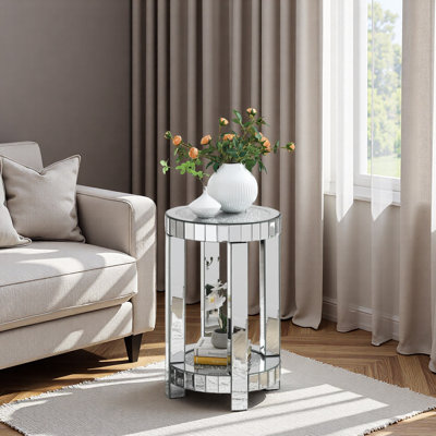 Table ronde à miroir avec incrustation de cristal, petit canapé moderne à 2 couches avec espace de rangement, table décorative argentée convenant au salon, à la chambre à coucher, au café et aux petits espaces