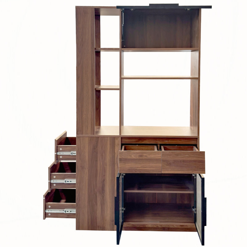 Armoire de rangement haute avec 5 tiroirs, portes et tablettes en verre, organisateur multifonctionnel, Walnut