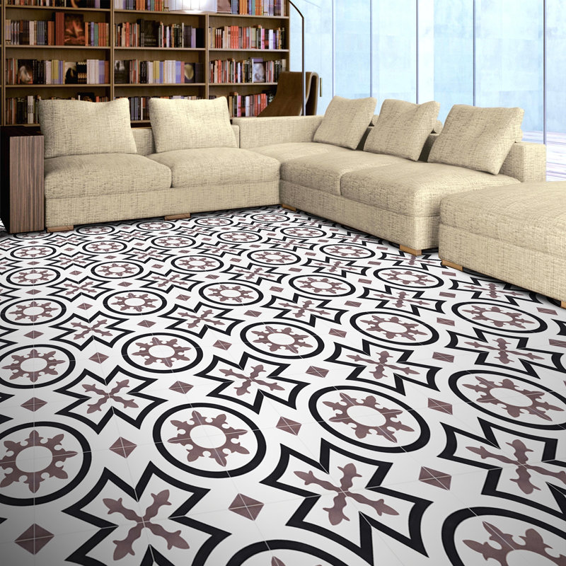 Ozod 8" x 8" Cement Patterned Wall & Floor Tile, Black/White/Purple