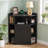 Corner Cabinet With Charging Station, Modern Home Office Storage Cabinet With 2 Outlets And 2 USB Ports, Triangle Bookshelf And Printer Stand With Barn Door For Small Spaces-1448005111