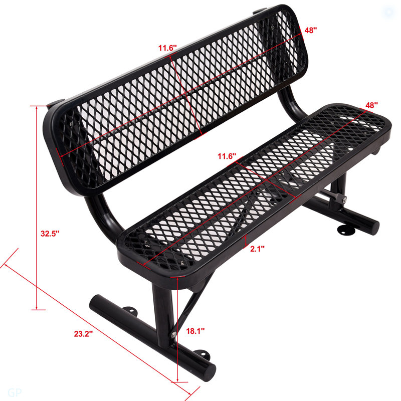 Banc d'extérieur en acier avec dossier, Noir, H 32,65 po x l 48,06 po x P 23,17 po