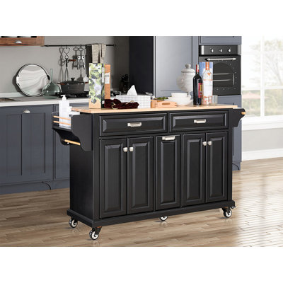 Kitchen Island With Rubber Wood Countertop, Spacious Storage, And 5-Wheel Mobility For Enhanced Functionality And Style