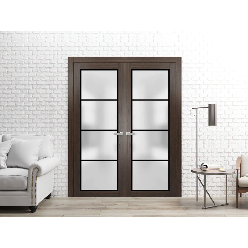 Portes françaises doubles solides | Verre givré Planum 2132 | Garnitures de cadre en bois massif | Portes robustes de chambre à coucher pour garde-robe