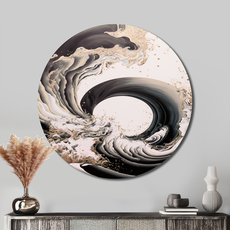 «Abstract Waves Iv», art mural rond en spirale abstraite sur métal, H 36 po x l 36 po, Ivoire ivoire