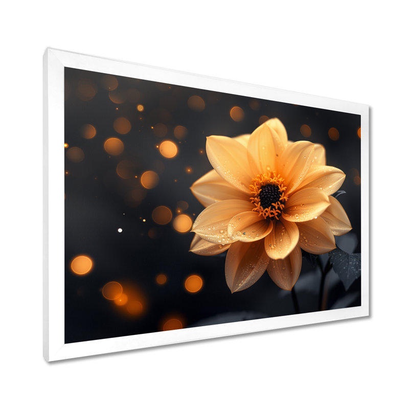 Dahlia noir et jaune doré - Dahlia Wall Art Living Room, Cadre simple blanc, H 34 po x l 44 po