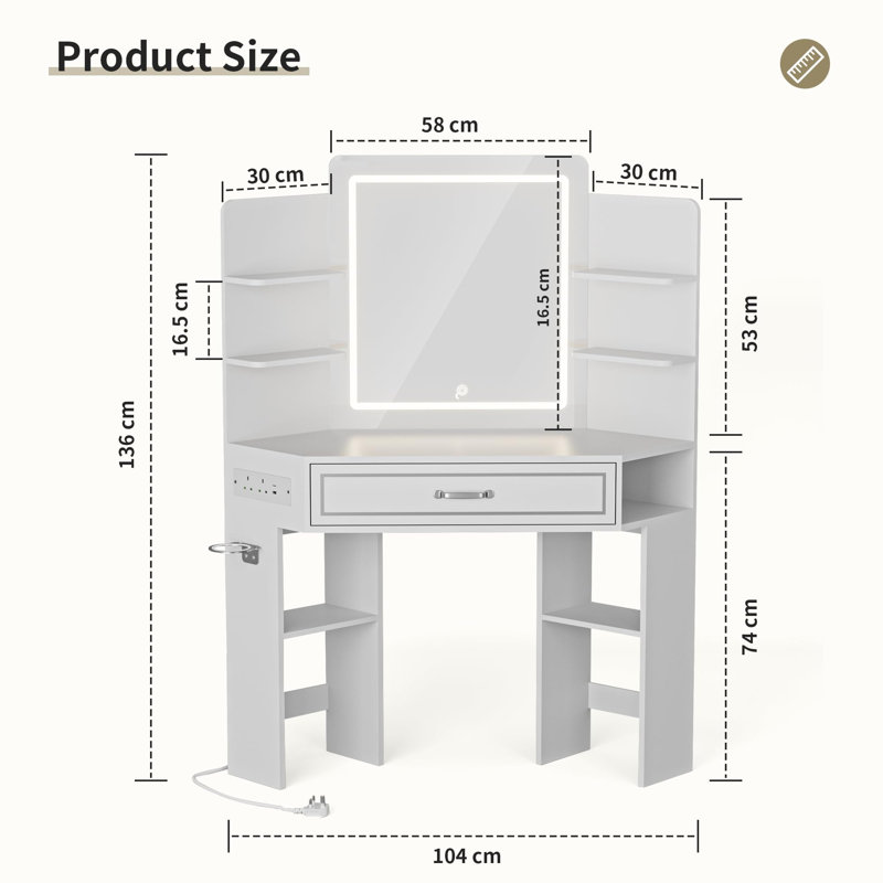 Corner Dressing Table,Vanity Table with LED Mirror&Charging