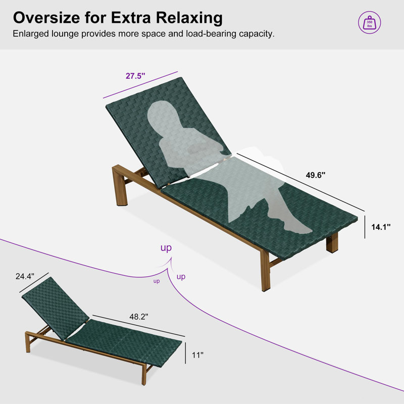 Patio Oversize Lounge Chair Modern Outdoor Chaise Lounge 1Piece With Adjustable Backrest, Green/Natural Wood