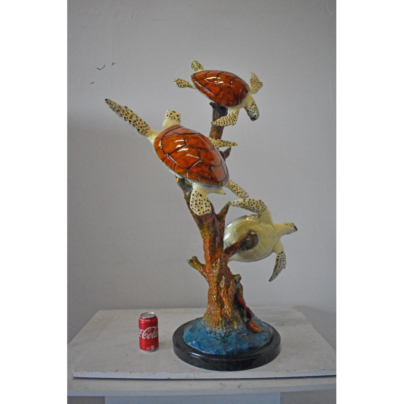 Bronze and Marble Three Turtles with Coral Statue