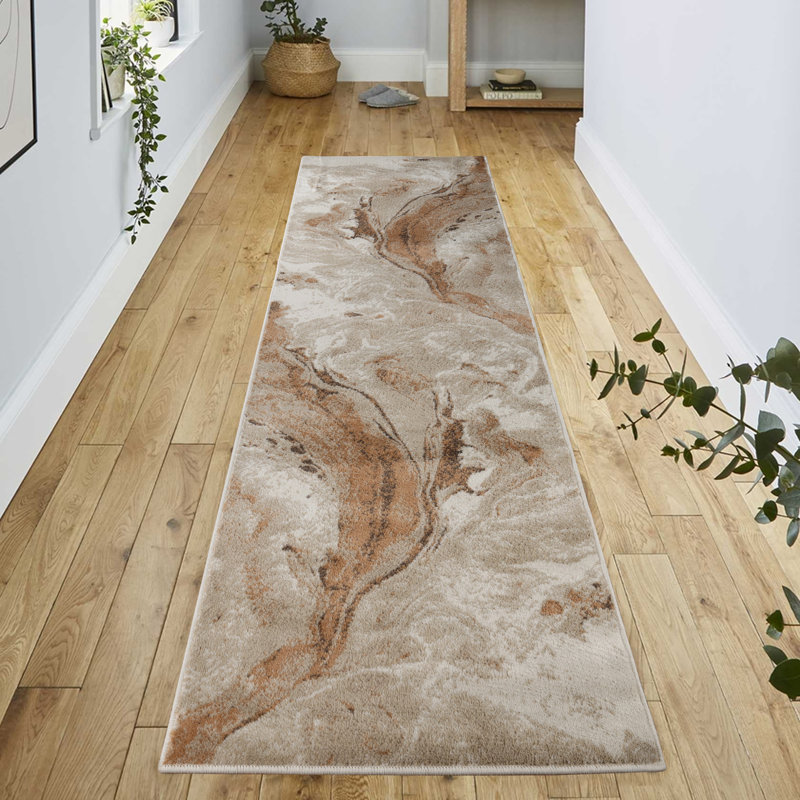Tapis beige abstrait en polypropylène tissé à la machine, Rectangle de 5 pi x 8 pi, Beige