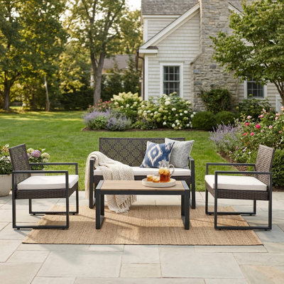 4-Piece Outdoor Seating Group With Removable Cushions, Patio Conversation Set With Wood Tabletop for Backyard, Poolside