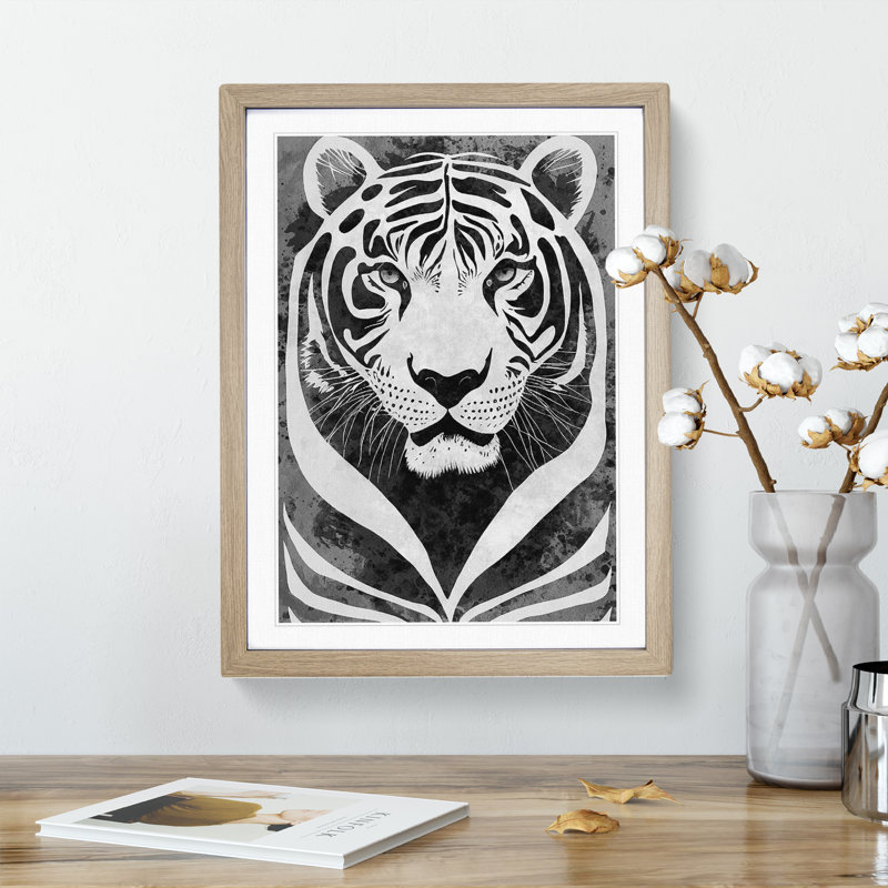 Monochrome Tiger No.4 - Single Picture Frame Painting, 34cm H x 25cm W x 2cm D, Oak